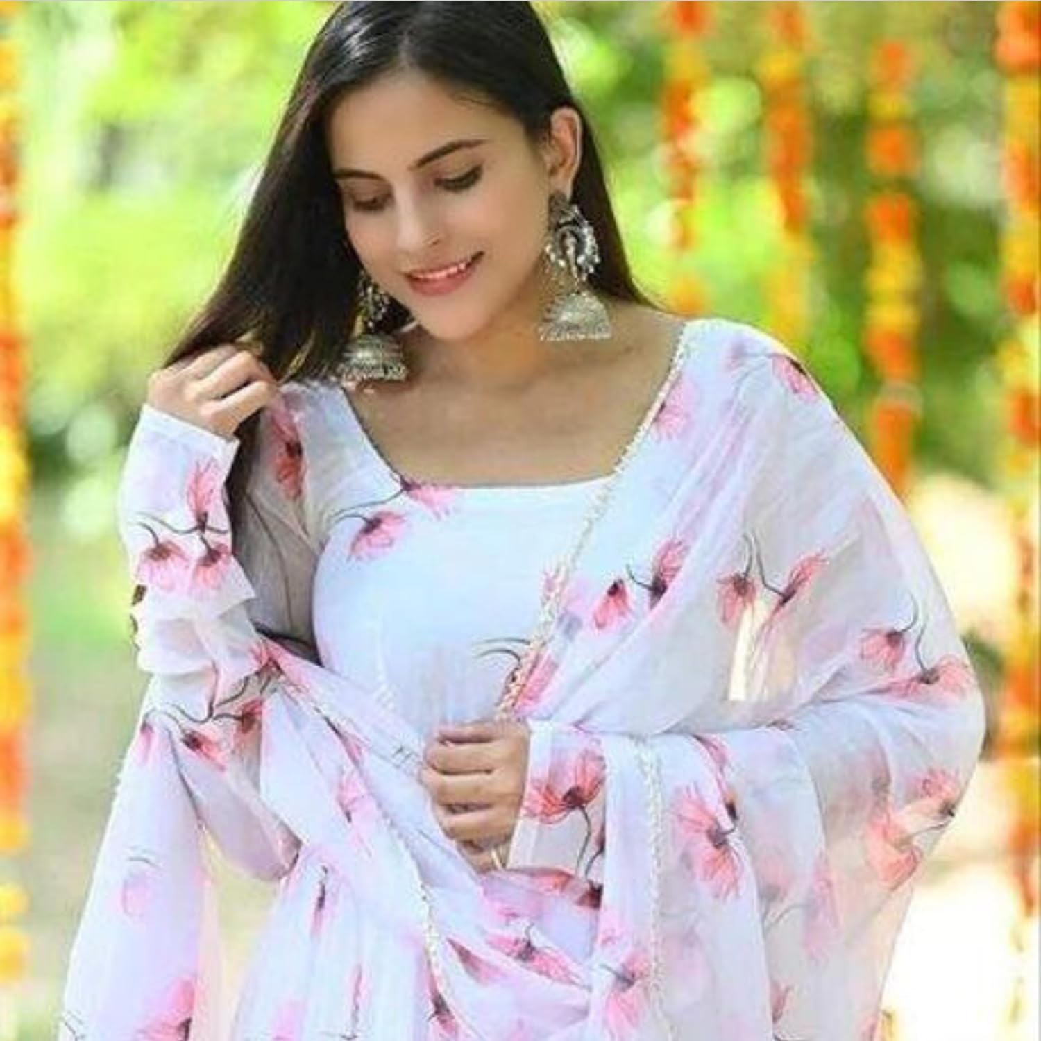 Anveri Women Floral Printed Anarkali Gown with Dupatta | Light Pink Ethnic Party Wear Flared Dress
