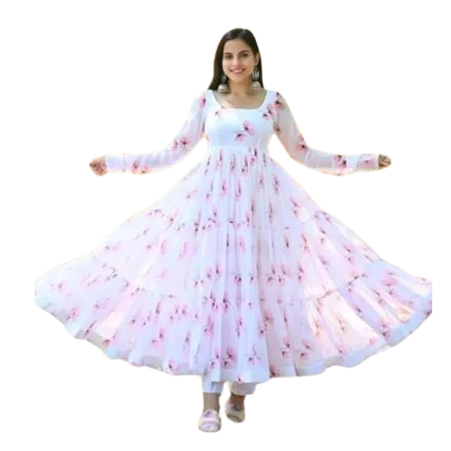 Anveri Women Floral Printed Anarkali Gown with Dupatta | Light Pink Ethnic Party Wear Flared Dress