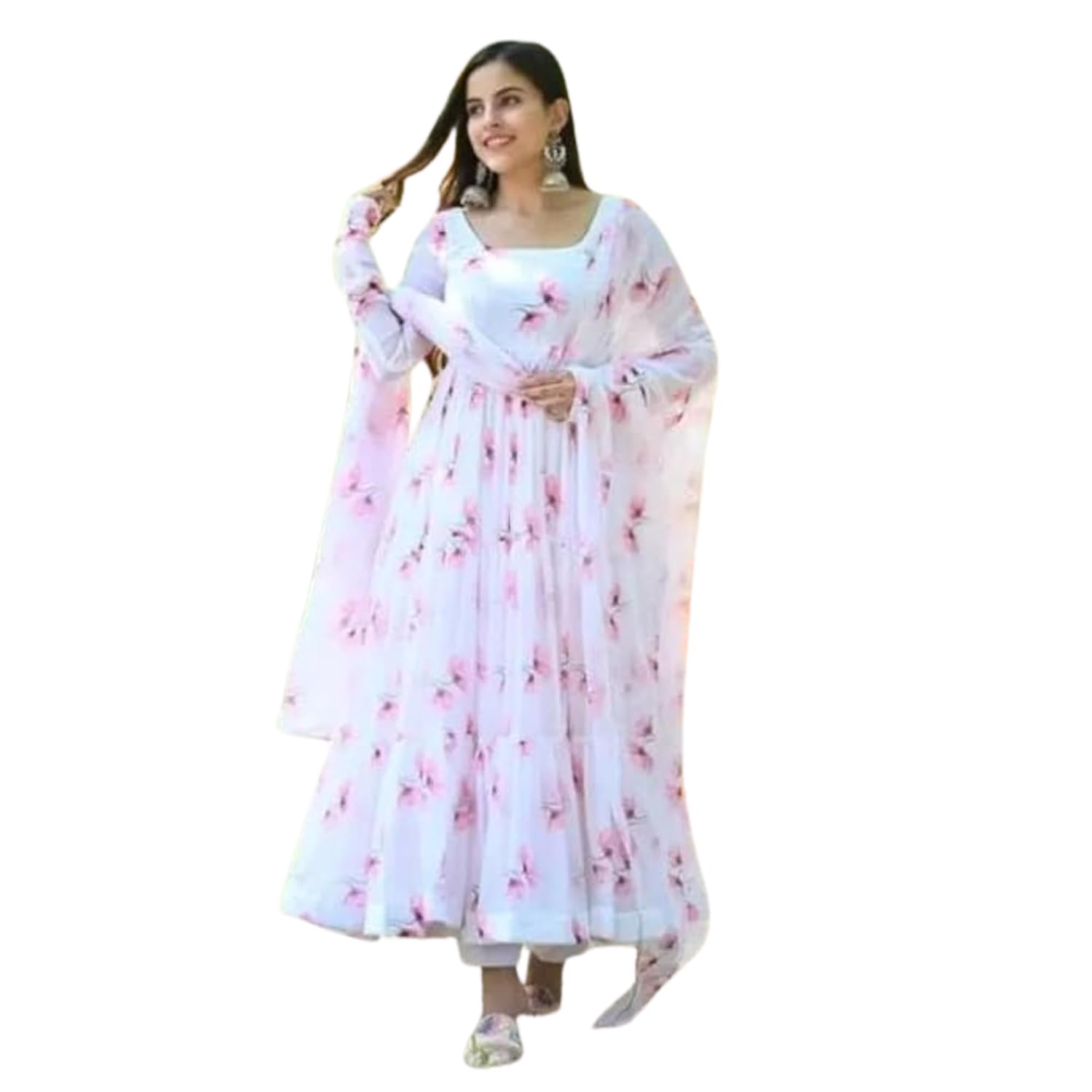 Anveri Women Floral Printed Anarkali Gown with Dupatta | Light Pink Ethnic Party Wear Flared Dress