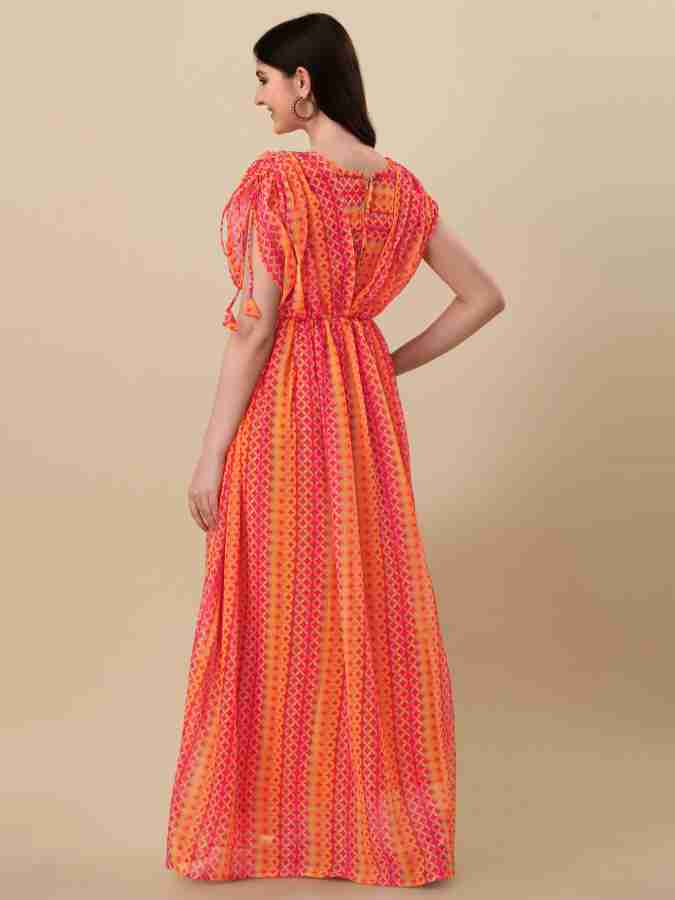 Anveri Trendy Women’s Printed Georgette Flared Gown with Waist Belt