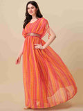 Anveri Trendy Women’s Printed Georgette Flared Gown with Waist Belt