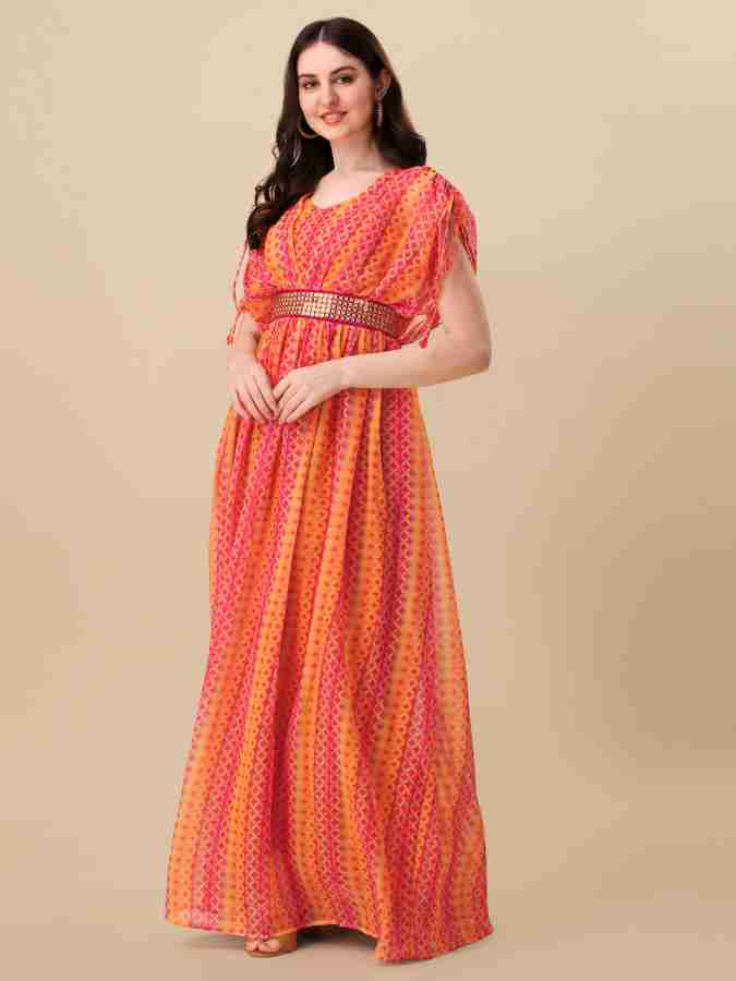 Anveri Trendy Women’s Printed Georgette Flared Gown with Waist Belt