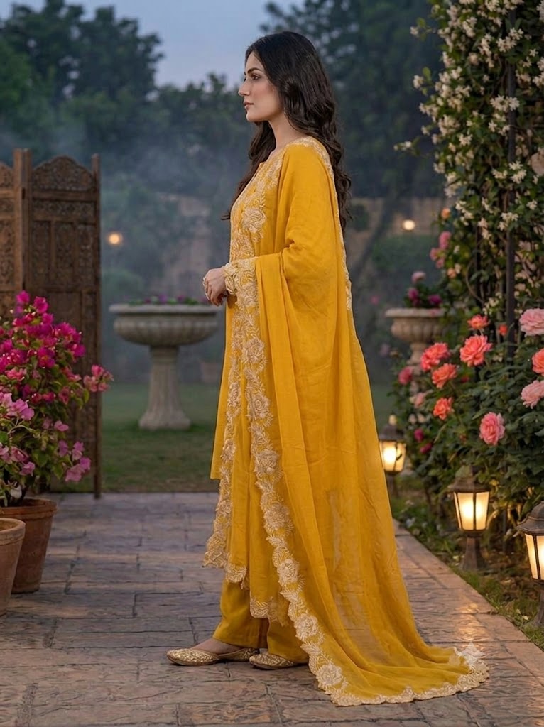 Anveri Women Embroidered Kurta Palazzo Dupatta Set | Mustard Yellow Ethnic Suit Set for Festive & Party Wear