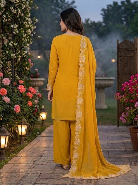 Anveri Women Embroidered Kurta Palazzo Dupatta Set | Mustard Yellow Ethnic Suit Set for Festive & Party Wear
