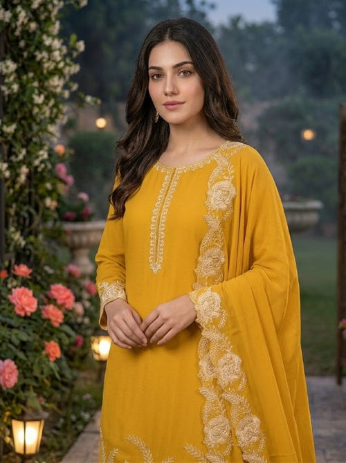 Anveri Women Embroidered Kurta Palazzo Dupatta Set | Mustard Yellow Ethnic Suit Set for Festive & Party Wear
