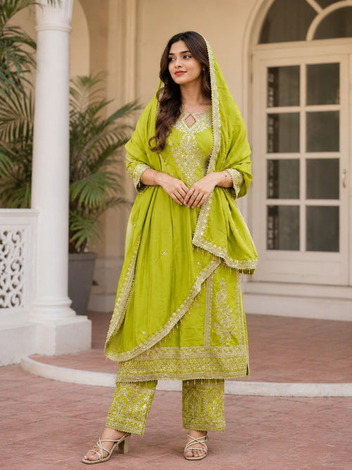 Anveri  Women Embroidered Kurta Pant Dupatta Set | Lime Green Ethnic Suit Set for Festive & Party Wear