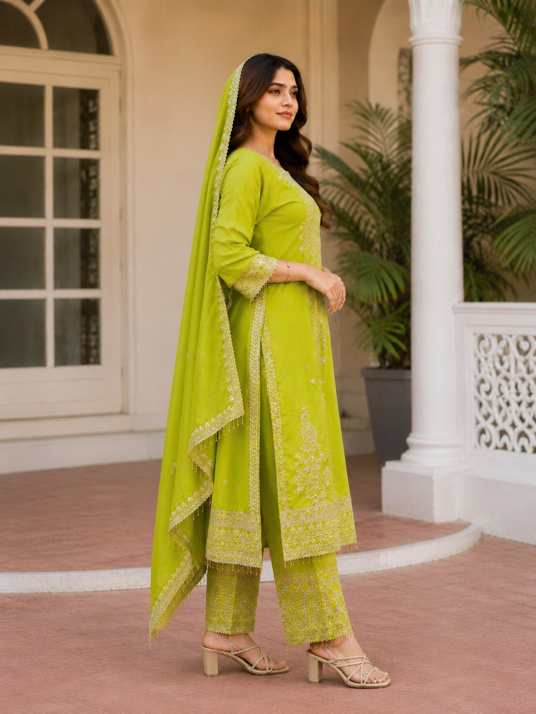 Anveri  Women Embroidered Kurta Pant Dupatta Set | Lime Green Ethnic Suit Set for Festive & Party Wear