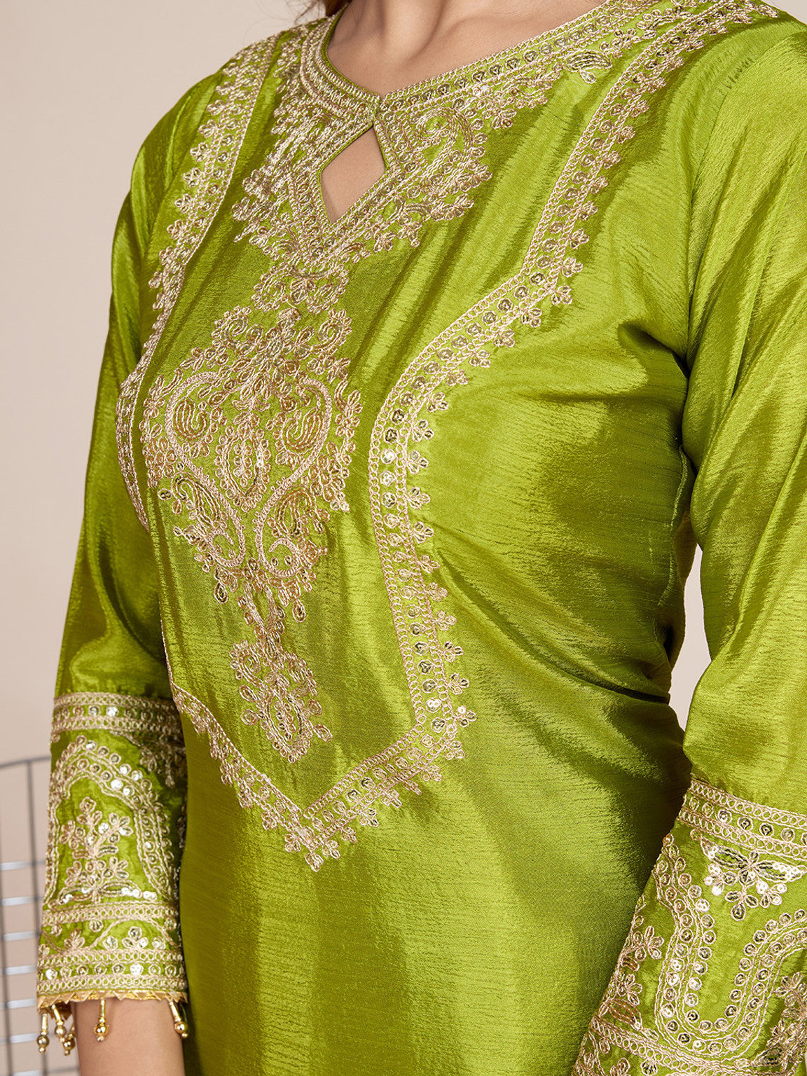 Anveri  Women Embroidered Kurta Pant Dupatta Set | Lime Green Ethnic Suit Set for Festive & Party Wear
