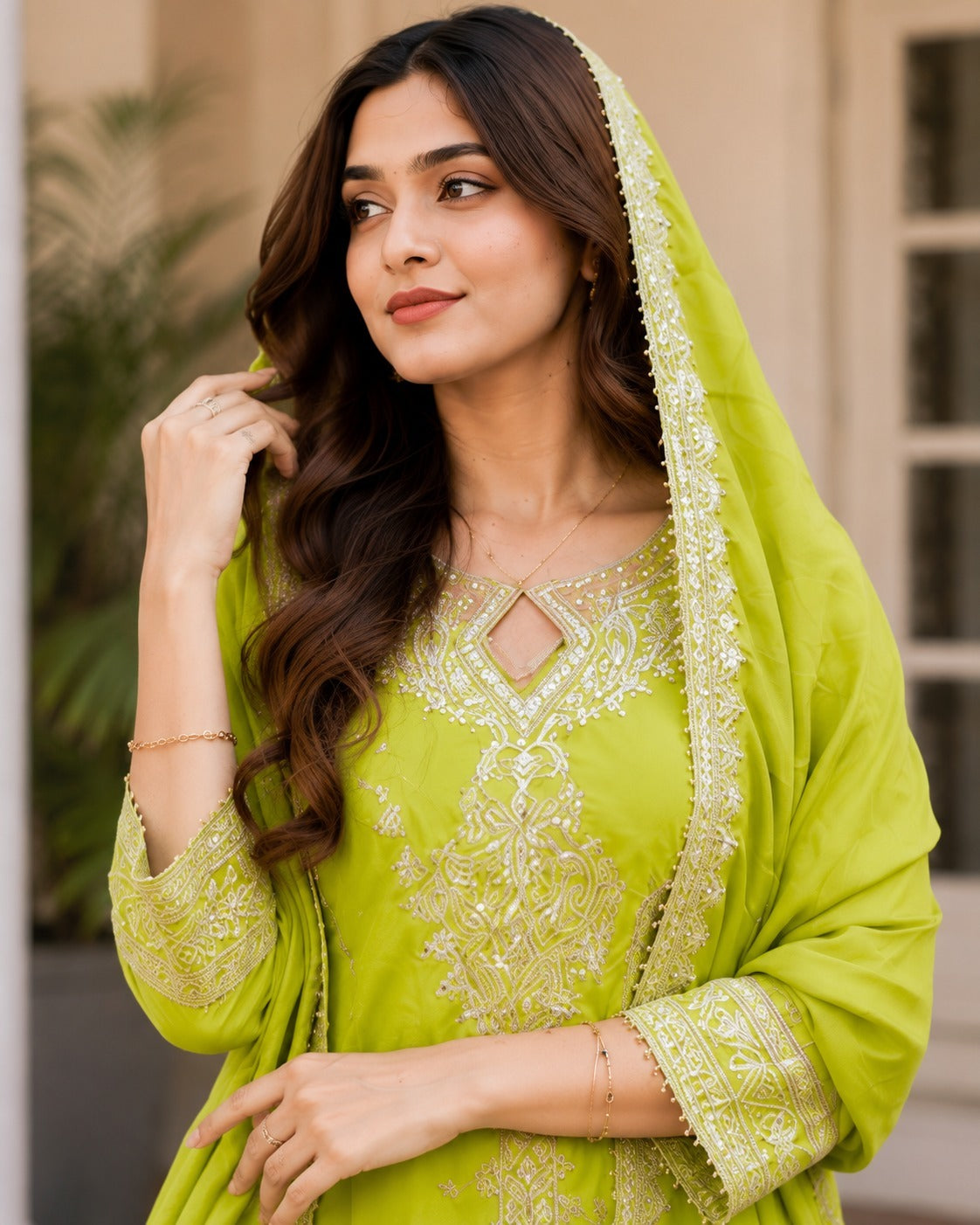 Anveri  Women Embroidered Kurta Pant Dupatta Set | Lime Green Ethnic Suit Set for Festive & Party Wear