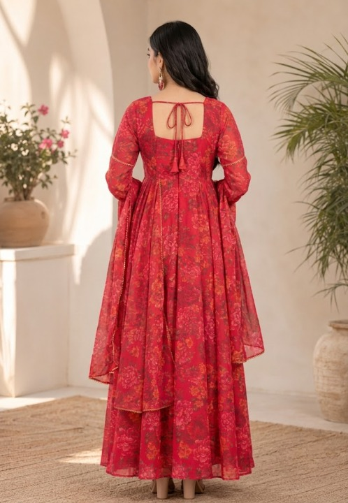 Women Floral Printed Georgette Anarkali Kurta with Dupatta Set (Red)