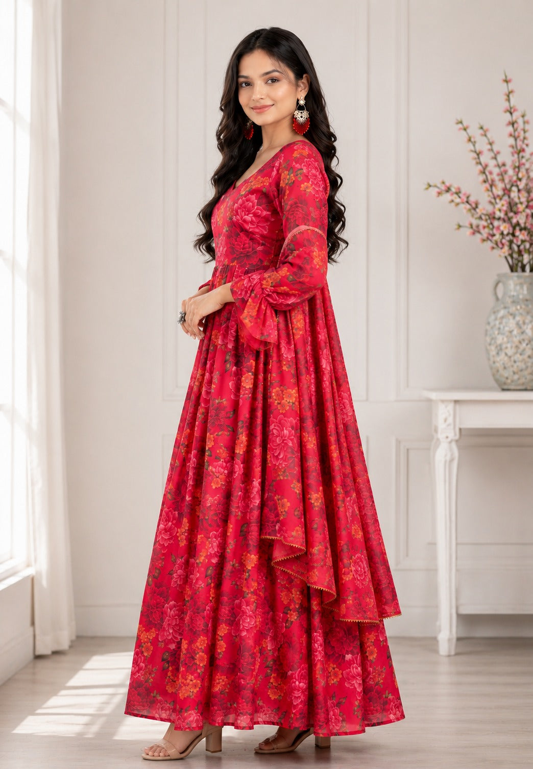 Women Floral Printed Georgette Anarkali Kurta with Dupatta Set (Red)