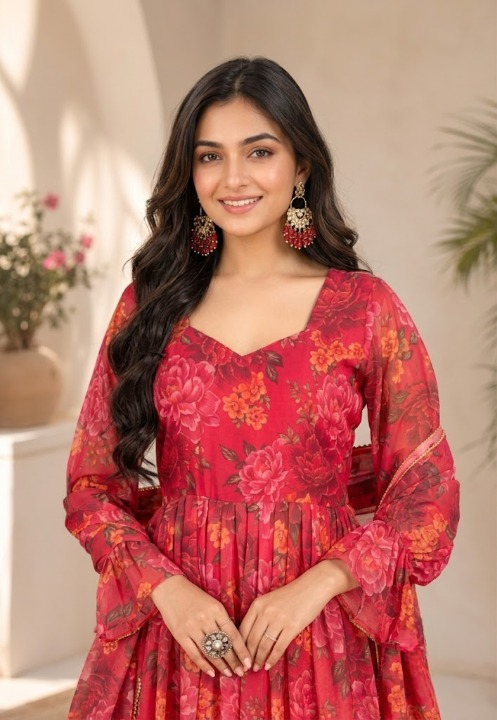 Women Floral Printed Georgette Anarkali Kurta with Dupatta Set (Red)