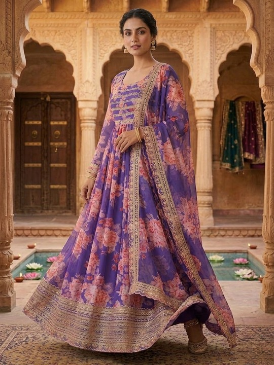 Anveri Women Floral Printed Anarkali Gown with Dupatta Set | Purple Ethnic Wear for Festive & Wedding Functions