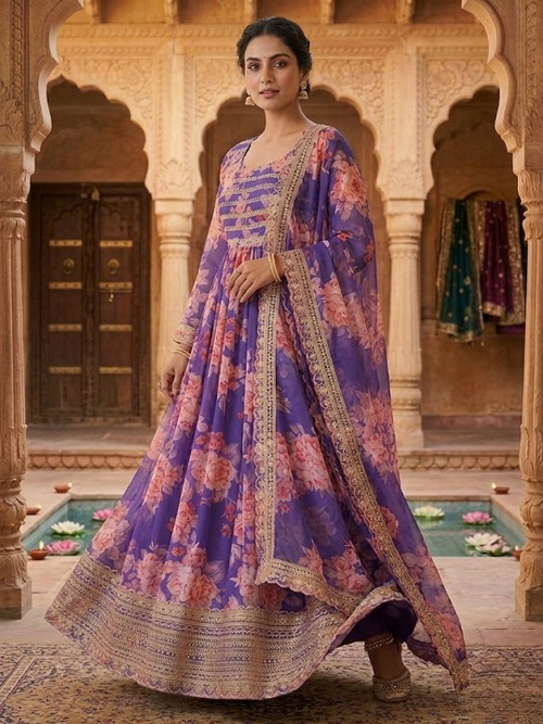 Anveri Women Floral Printed Anarkali Gown with Dupatta Set | Purple Ethnic Wear for Festive & Wedding Functions