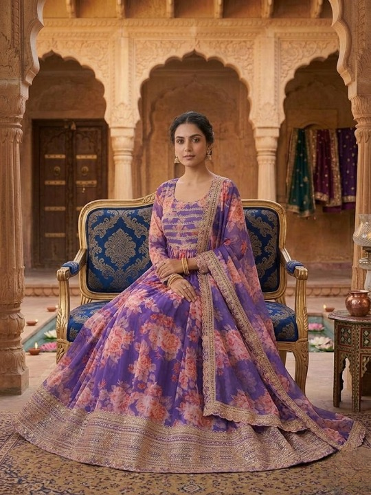 Anveri Women Floral Printed Anarkali Gown with Dupatta Set | Purple Ethnic Wear for Festive & Wedding Functions