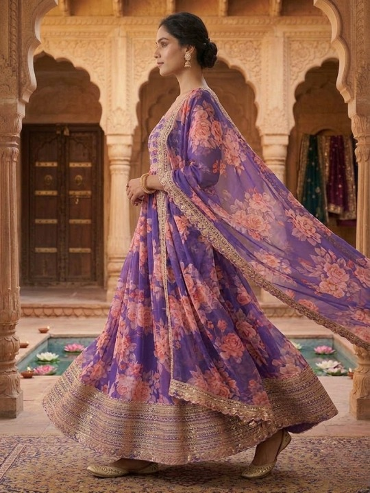 Anveri Women Floral Printed Anarkali Gown with Dupatta Set | Purple Ethnic Wear for Festive & Wedding Functions