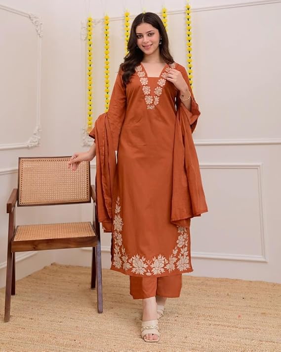 Anveri Women's Embroidered Kurta Pant with Dupatta Set | Ethnic Straight Kurta Suit Set