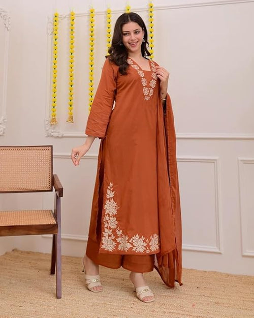 Anveri Women's Embroidered Kurta Pant with Dupatta Set | Ethnic Straight Kurta Suit Set