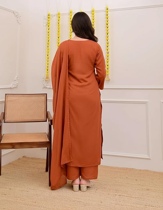 Anveri Women's Embroidered Kurta Pant with Dupatta Set | Ethnic Straight Kurta Suit Set