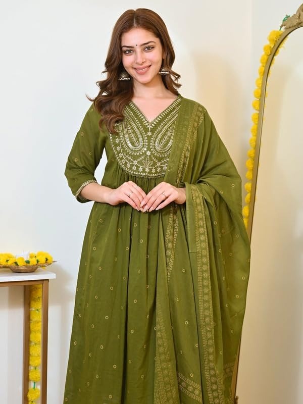 Anveri Women Embroidered Anarkali Kurta Pant Dupatta Set | Ethnic Suit Set for Women | Festive & Casual Wear