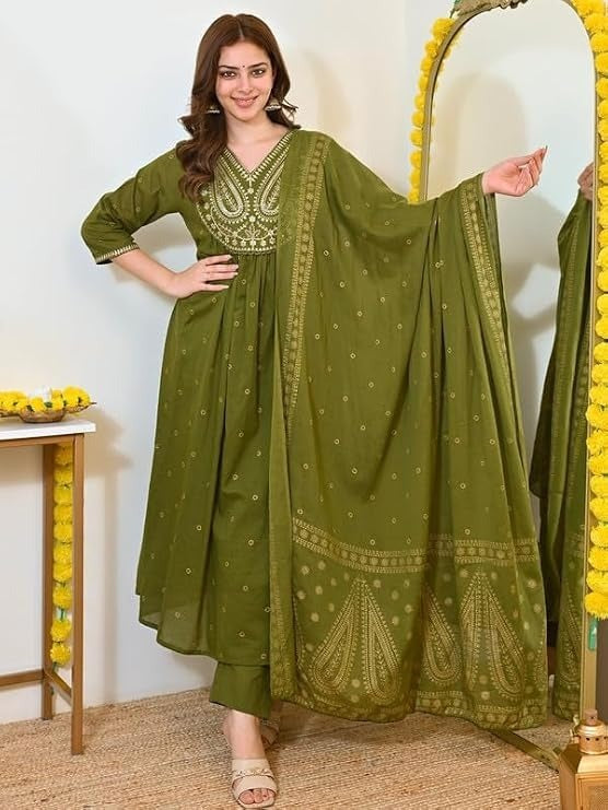 Anveri Women Embroidered Anarkali Kurta Pant Dupatta Set | Ethnic Suit Set for Women | Festive & Casual Wear