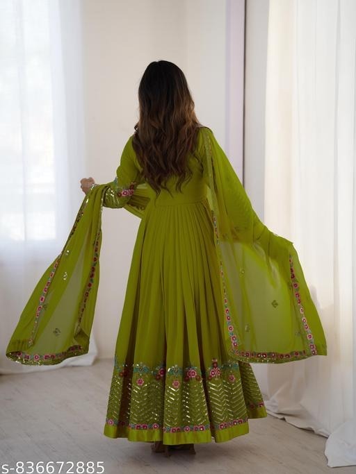 anveri Women's Embroidered Faux Georgette Anarkali Gown with Dupatta | Party Wear Ethnic Gown Set