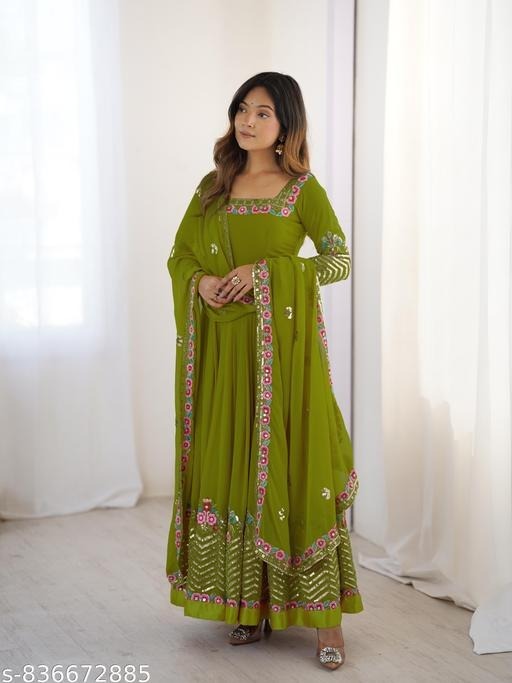 anveri Women's Embroidered Faux Georgette Anarkali Gown with Dupatta | Party Wear Ethnic Gown Set