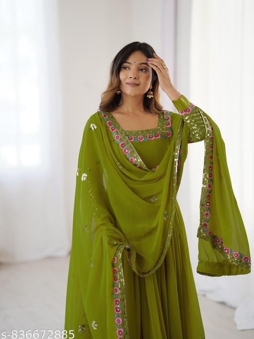 anveri Women's Embroidered Faux Georgette Anarkali Gown with Dupatta | Party Wear Ethnic Gown Set