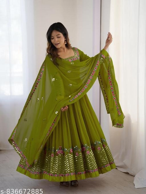 anveri Women's Embroidered Faux Georgette Anarkali Gown with Dupatta | Party Wear Ethnic Gown Set