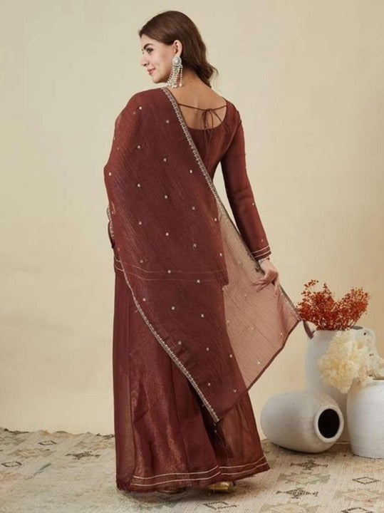 ANVERI Women’s Embroidered Anarkali Kurta with Sharara Set and Dupatta – Festive Ethnic 3 Piece Outfit