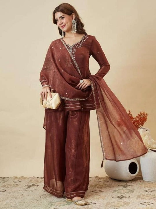 ANVERI Women’s Embroidered Anarkali Kurta with Sharara Set and Dupatta – Festive Ethnic 3 Piece Outfit