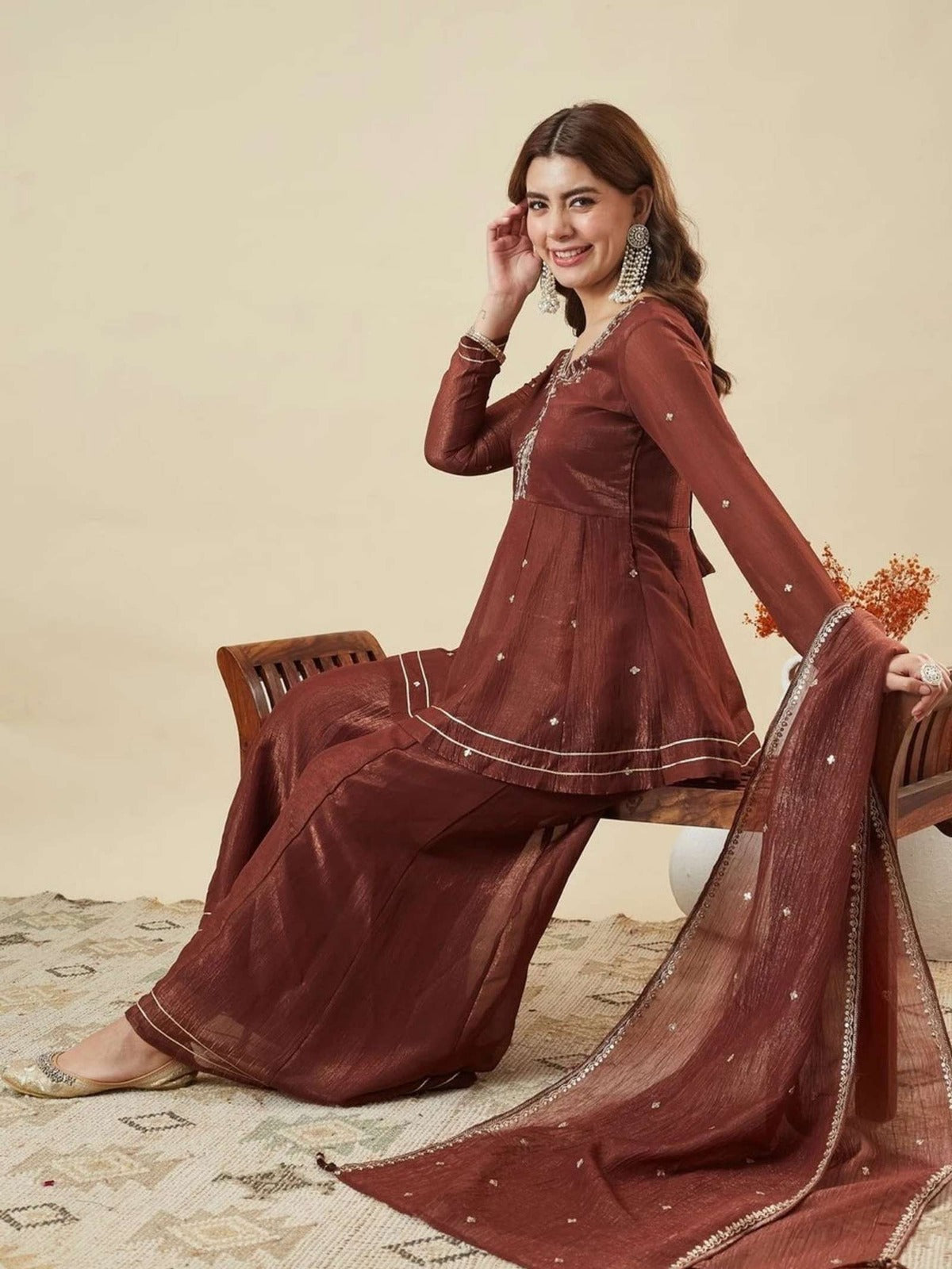 ANVERI Women’s Embroidered Anarkali Kurta with Sharara Set and Dupatta – Festive Ethnic 3 Piece Outfit