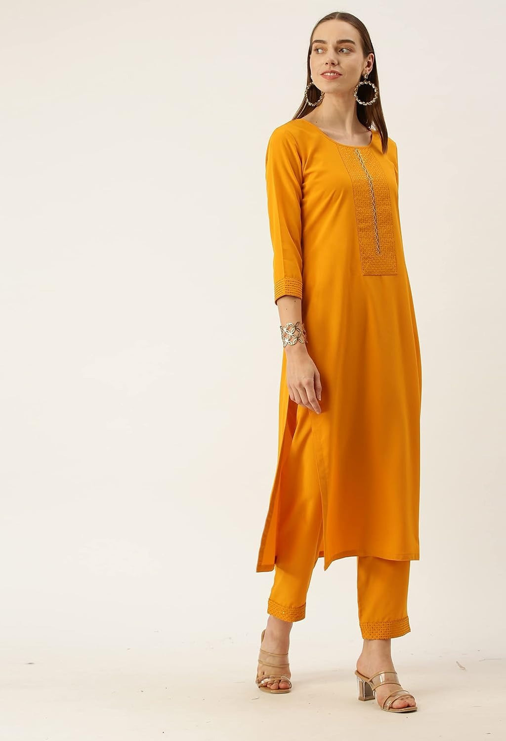 ANVERI Women’s Solid Straight Kurta Pant Set with Embroidered Detailing | Elegant Ethnic Wear