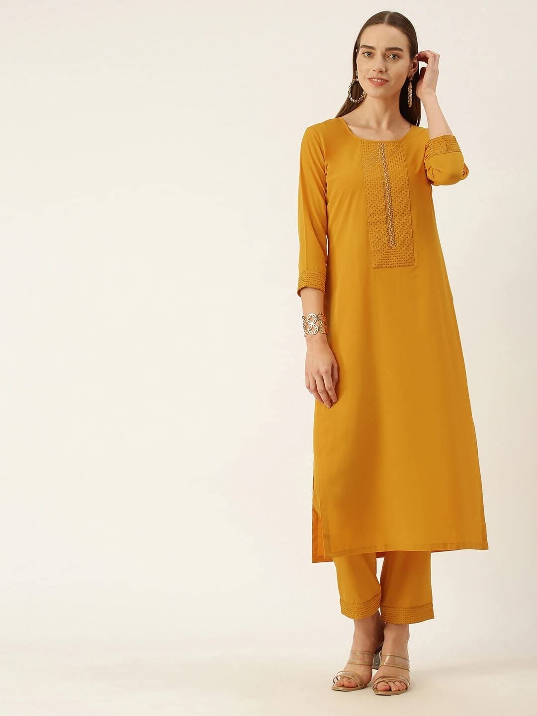 ANVERI Women’s Solid Straight Kurta Pant Set with Embroidered Detailing | Elegant Ethnic Wear
