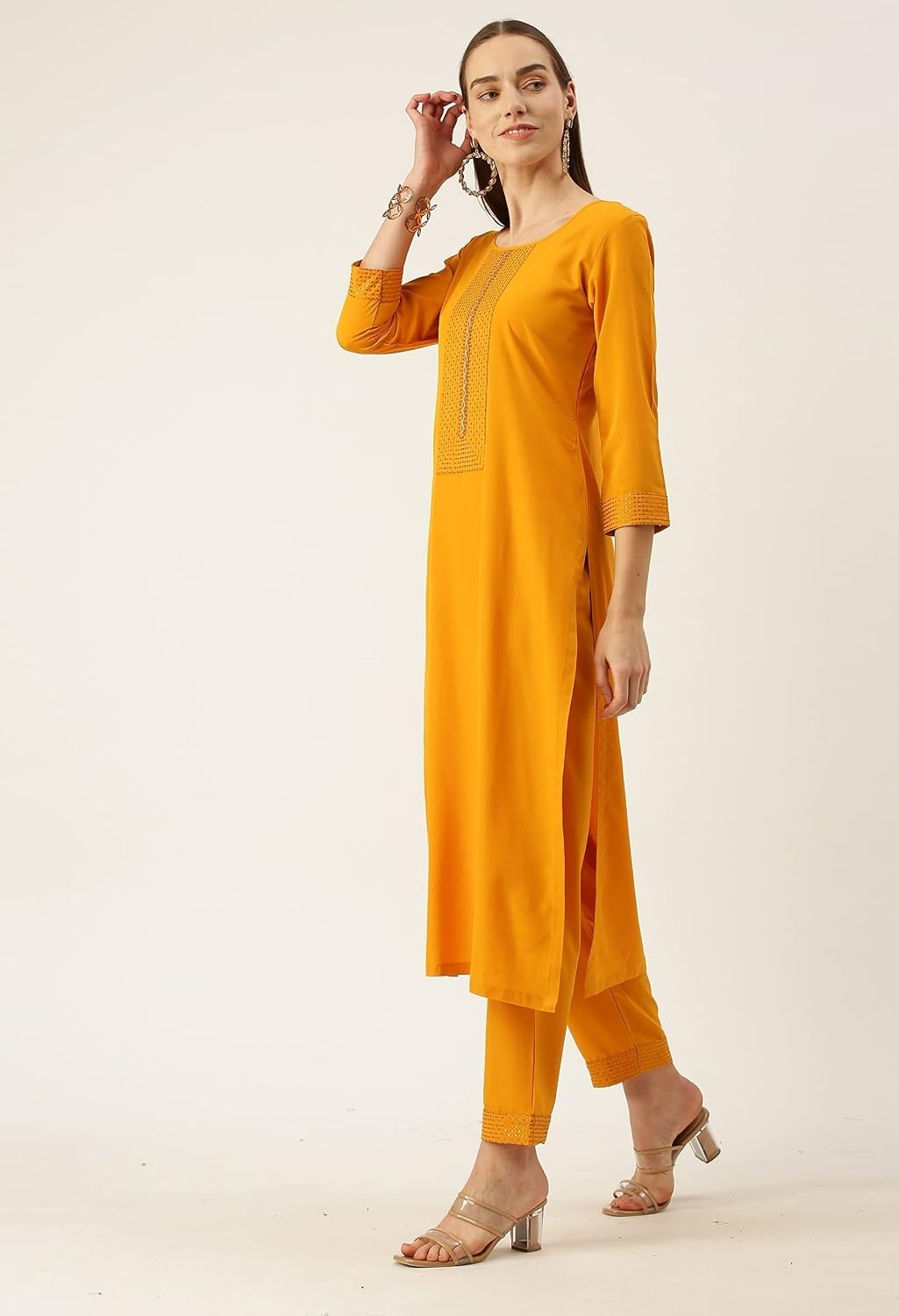 ANVERI Women’s Solid Straight Kurta Pant Set with Embroidered Detailing | Elegant Ethnic Wear