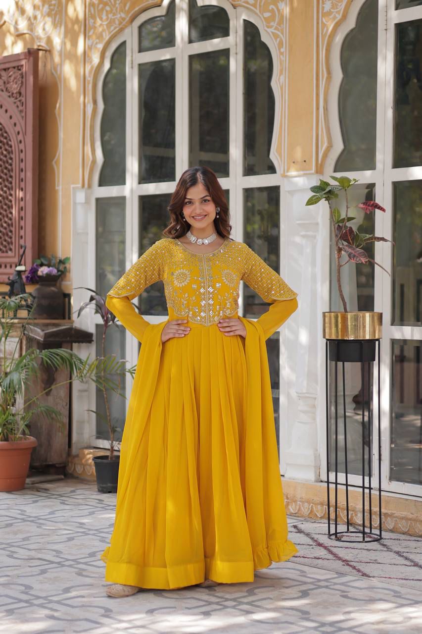Faux Blooming Georgette With Attractive embroidered Work yellow