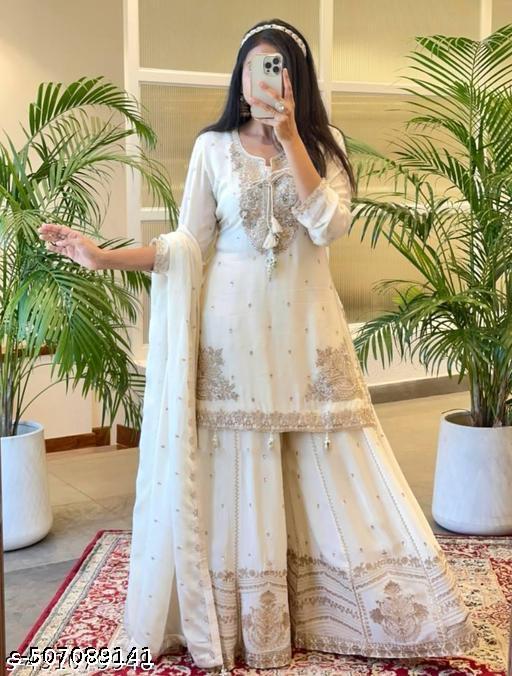 Anveri Women’s Elegant Embroidered Kurta Sharara Set with Dupatta | Festive Wear Party & Wedding Suit