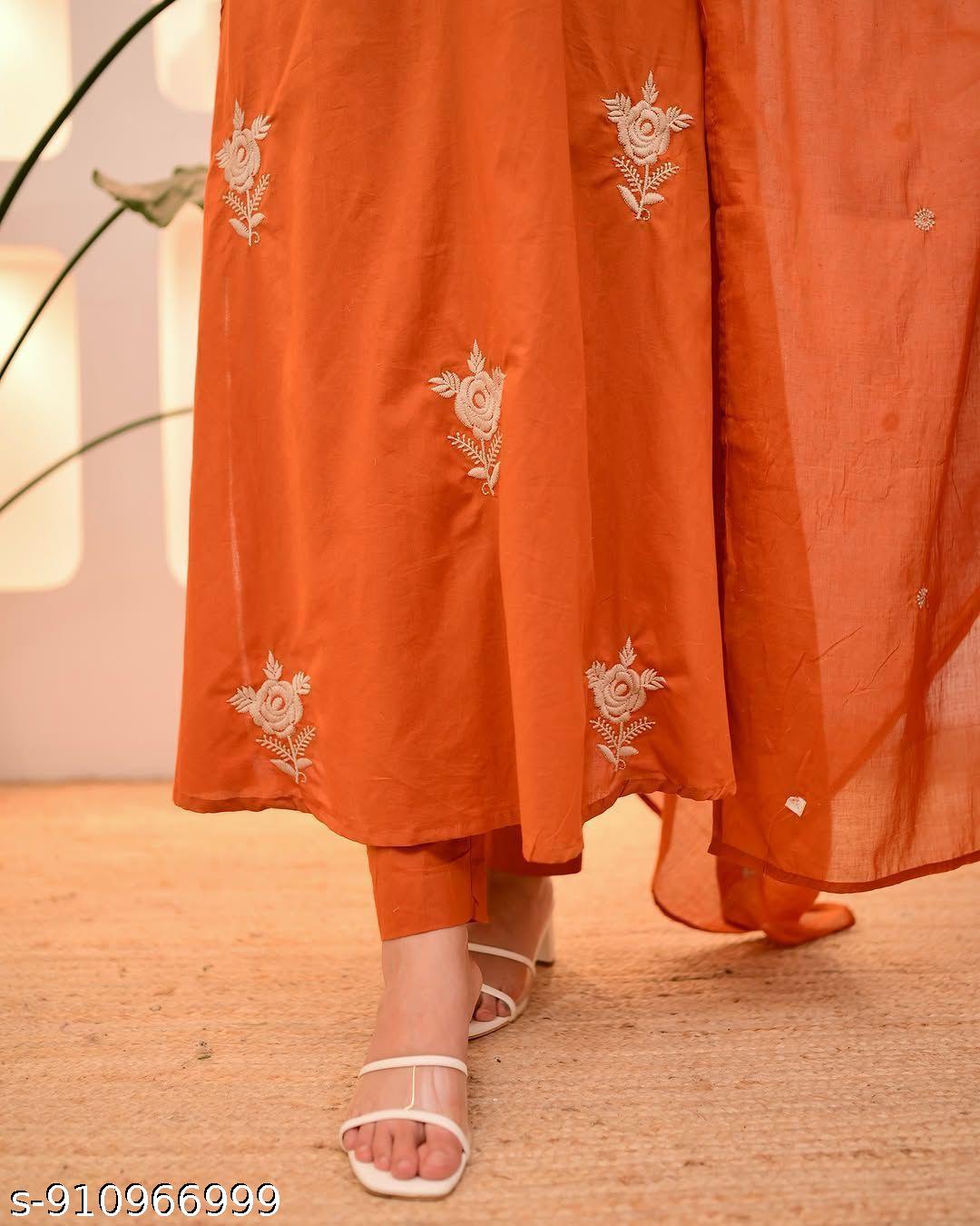 Anveri Elegant Rust Orange Embroidered Kurta Set with Dupatta