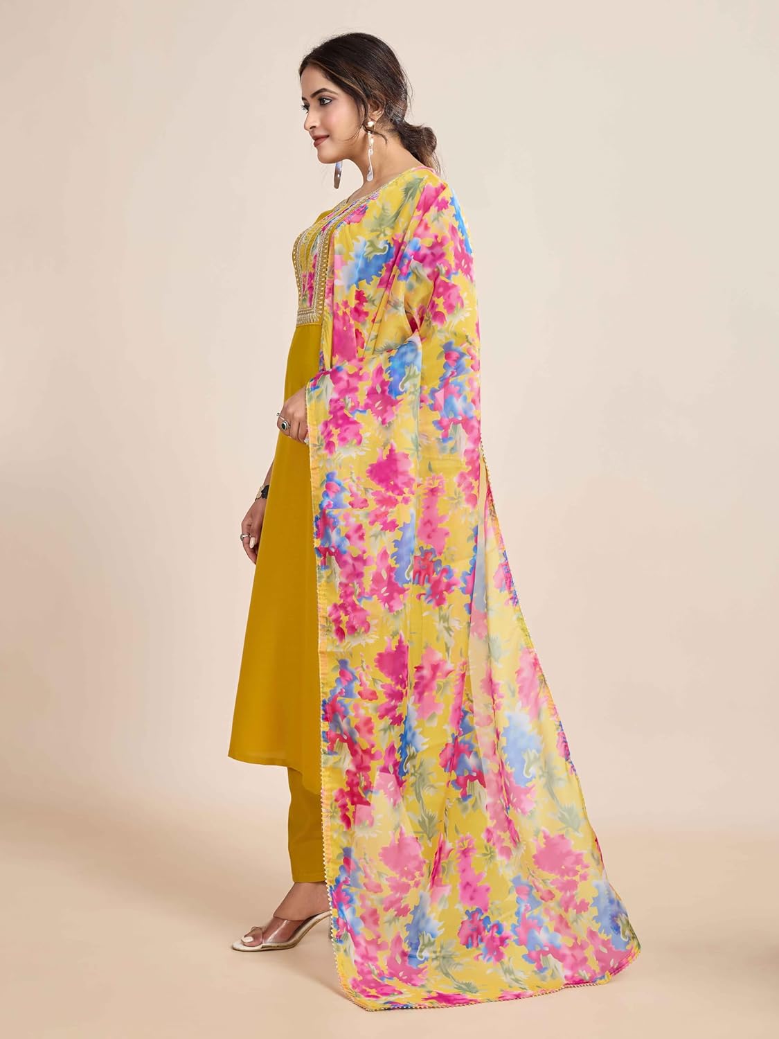 Women’s Mustard Yellow Kurta Pant Set with Floral Printed Dupatta | Elegant Ethnic Three Piece Suit