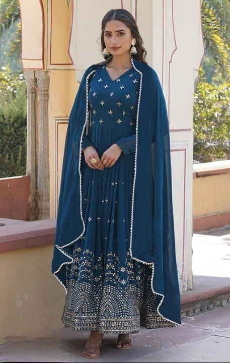 Elegant Teal Blue Georgette Anarkali Gown with Heavy Embroidery & Dupatta for Women