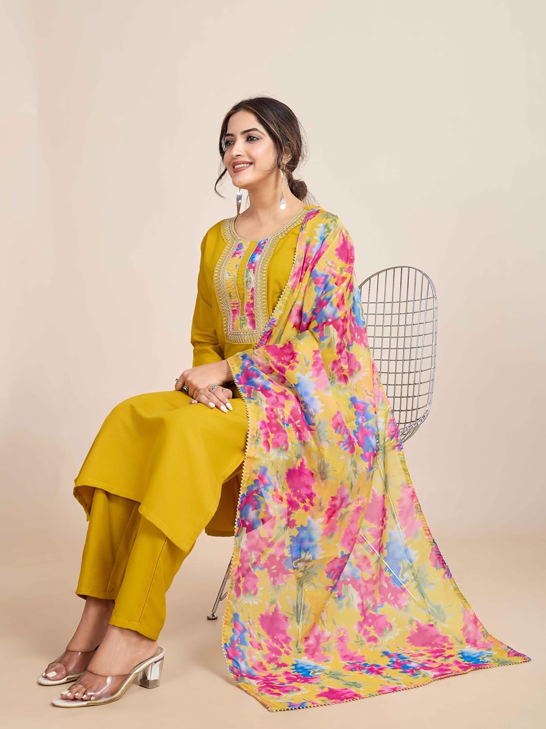 Women’s Mustard Yellow Kurta Pant Set with Floral Printed Dupatta | Elegant Ethnic Three Piece Suit