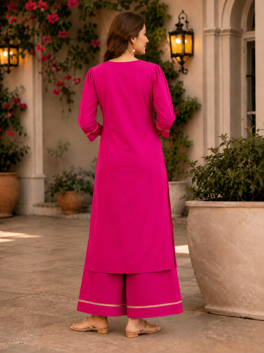 ANVERI Women’s Pink Solid Kurta with Palazzo Pants | Elegant Ethnic Co-Ord Set | Stylish 3/4 Sleeves Traditional Casual Wear