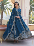 Elegant Teal Blue Georgette Anarkali Gown with Heavy Embroidery & Dupatta for Women