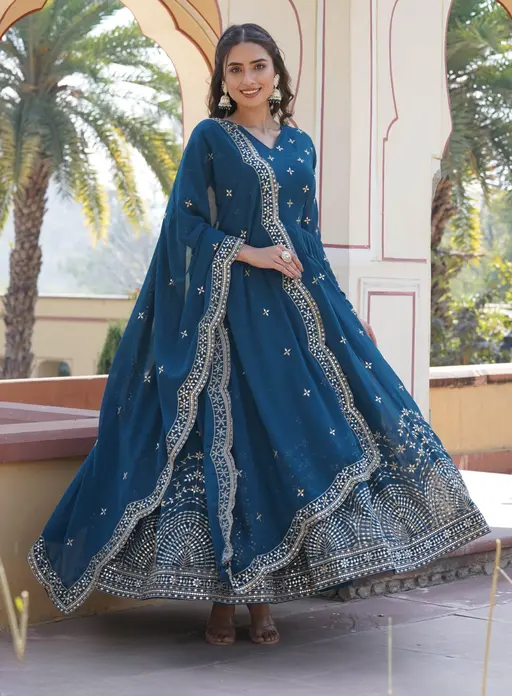 Elegant Teal Blue Georgette Anarkali Gown with Heavy Embroidery & Dupatta for Women
