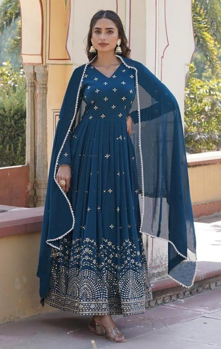 Elegant Teal Blue Georgette Anarkali Gown with Heavy Embroidery & Dupatta for Women