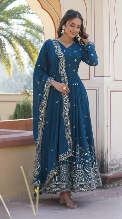 Elegant Teal Blue Georgette Anarkali Gown with Heavy Embroidery & Dupatta for Women