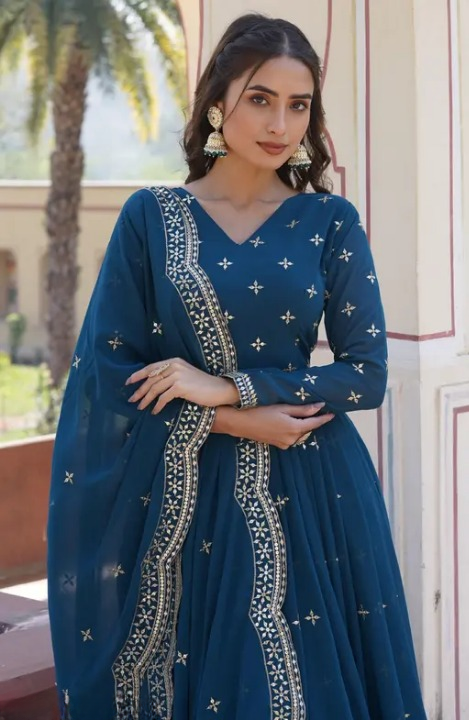 Elegant Teal Blue Georgette Anarkali Gown with Heavy Embroidery & Dupatta for Women