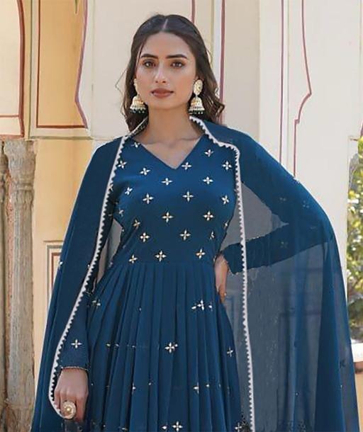 Elegant Teal Blue Georgette Anarkali Gown with Heavy Embroidery & Dupatta for Women