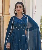 Elegant Teal Blue Georgette Anarkali Gown with Heavy Embroidery & Dupatta for Women