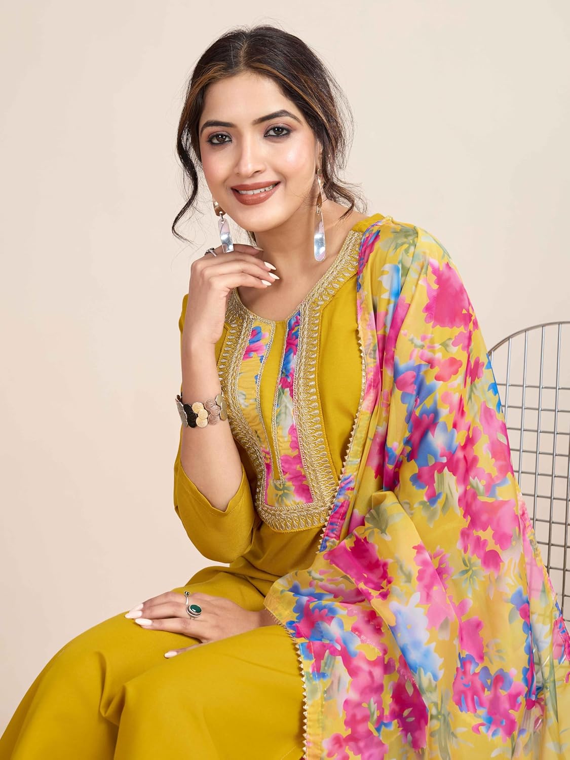 Women’s Mustard Yellow Kurta Pant Set with Floral Printed Dupatta | Elegant Ethnic Three Piece Suit